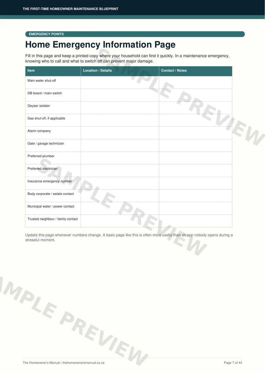 Home emergency information page preview from the Blueprint